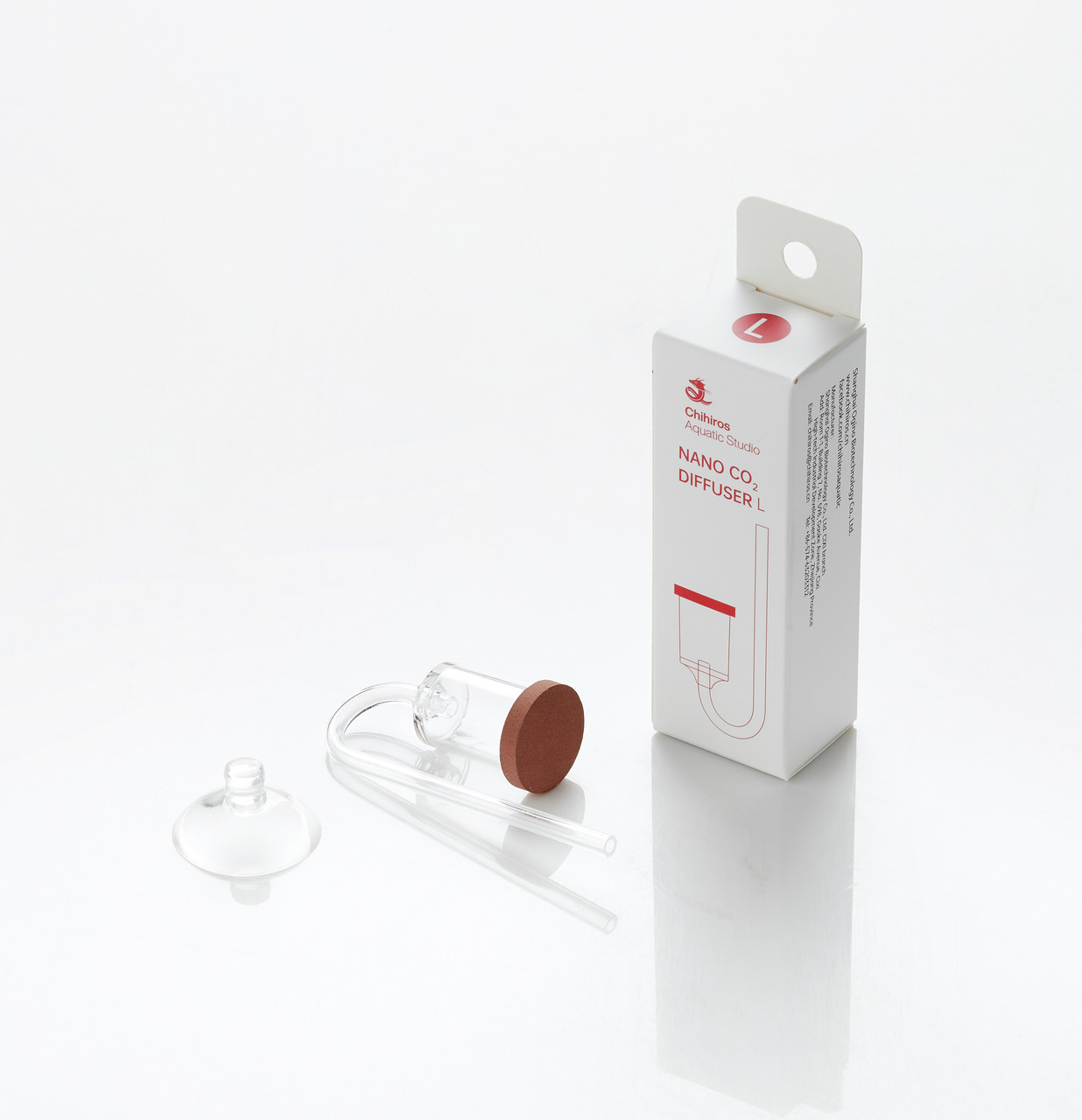 Chihiros Nano CO2 Diffuser L, Zubehör für Aquarien, klares Glas, brauner Keramikeinsatz, inkl. transparenter Saugnapfhalterung.