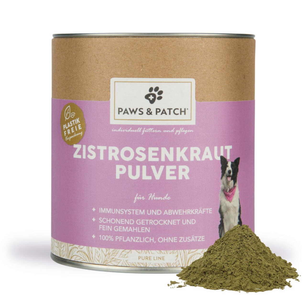 Paws & Patch Zistrosenkrautt-Pulver für Hunde zur Stärkung des Immunsystems, 100 % pflanzlich, 225 g Packung, plastikfreie Verpackung.