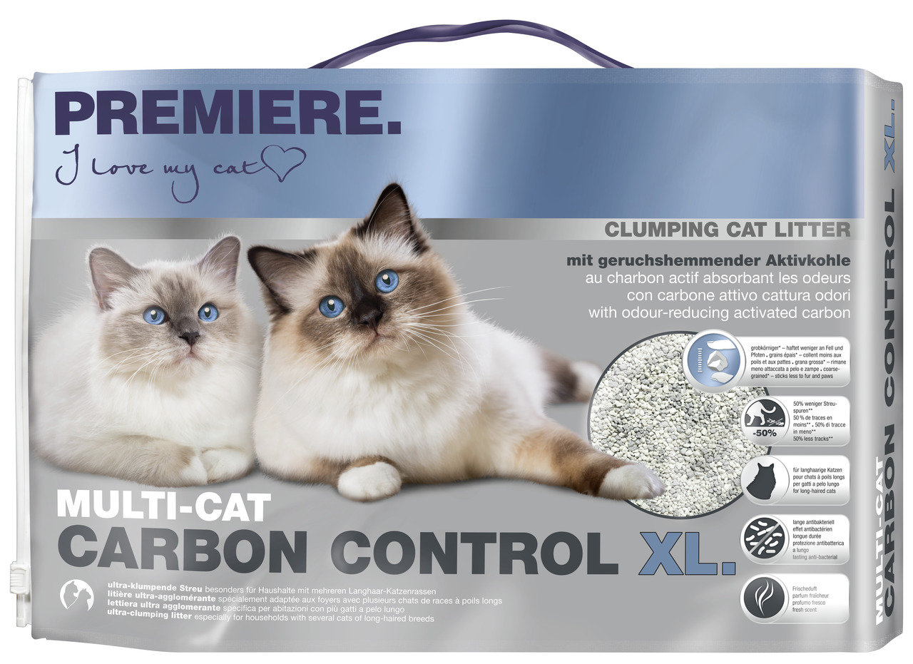 PREMIERE Multi-Cat Carbon Control XL Katzenstreu, für Haushalte mit mehreren Katzen, geruchshemmend, ultra-klumpend, XL-Größe.