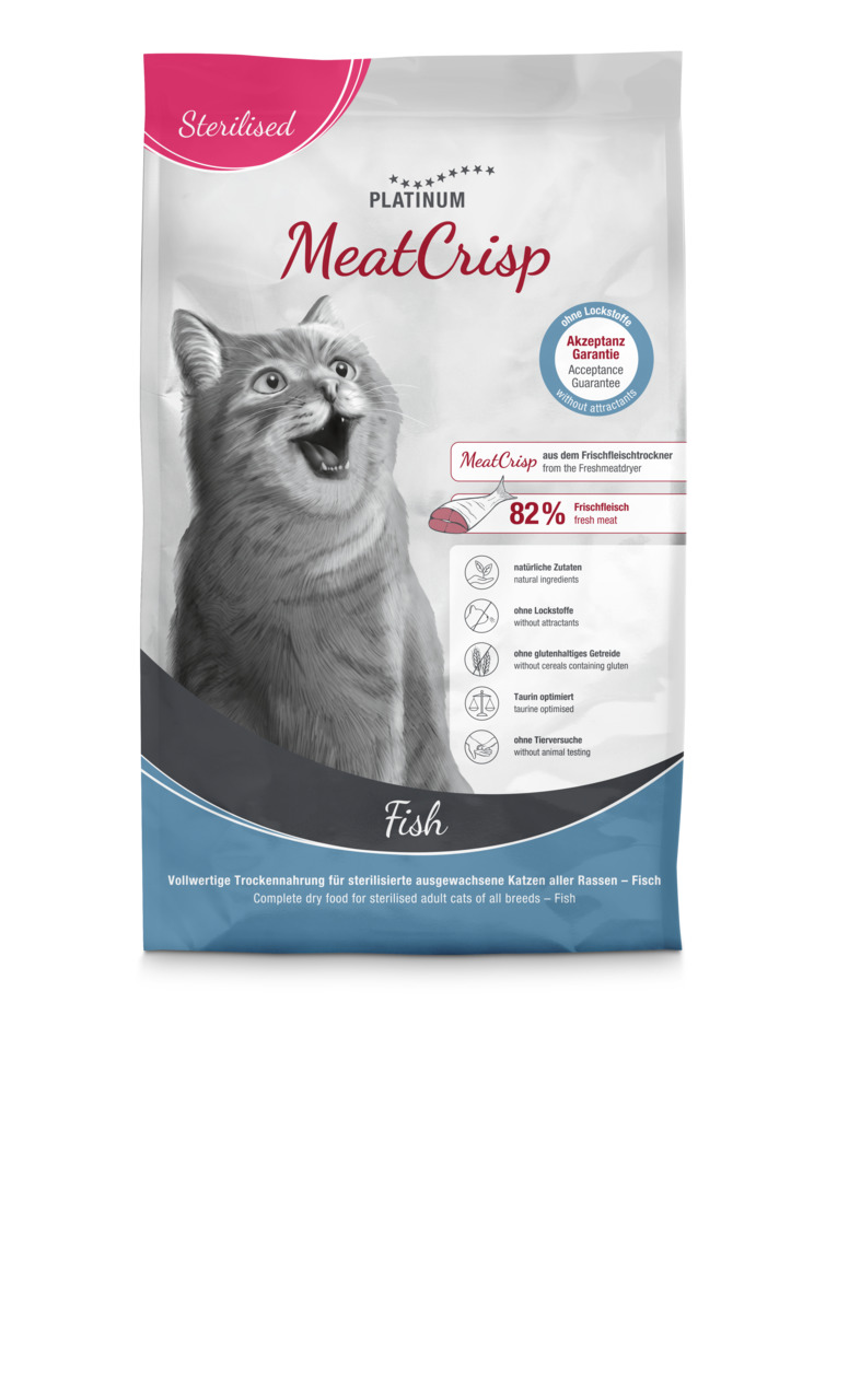 PLATINUM MeatCrisp Trockenfutter für sterilisierte Katzen, Fisch, 82 % frisches Fleisch, natürliche Zutaten, ohne Lockstoffe-Tierversuche.