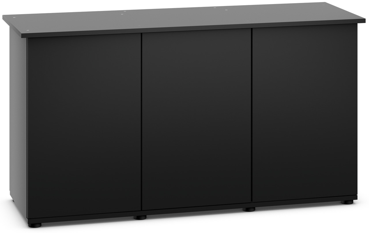 Schwarzer Unterschrank der Marke JUWEL, passend für Aquarien. Der Schrank verfügt über drei Türen und bietet ausreichend Stauraum für Zubehör und Pflegeprodukte. Das schlichte, moderne Design fügt sich nahtlos in verschiedene Wohnräume ein. Maße und Detai