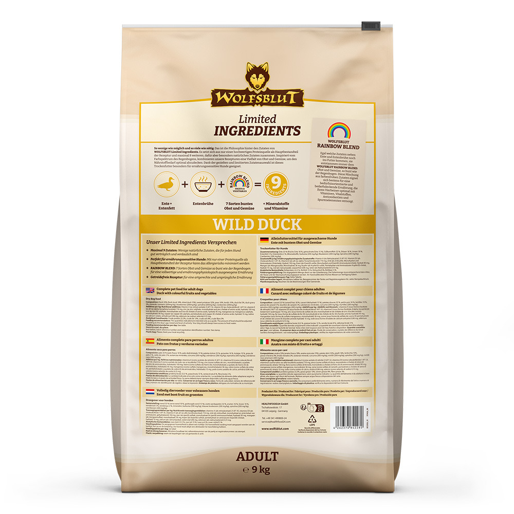 Wolfsblut Wild Duck, 9 kg, für ausgewachsene Hunde, Ente + 7 Obst/Gemüse, getreidefrei, mit Vitaminen/Mineralstoffen, ideal sens. Hunde.