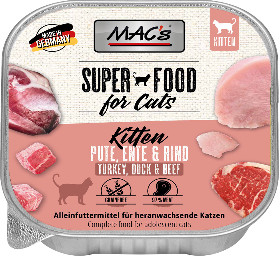 MAC's Superfood for Cats Kitten, Pute-Ente-Rind, getreidefrei, 97 % Fleisch, 100 g, Made in Germany.