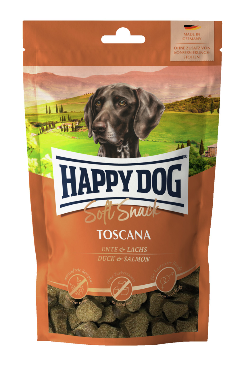 HAPPY DOG Soft Snack Toscana für ausgewachsene Hunde, Ente & Lachs, getreidefrei, ohne Zuckerzusatz, klimaneutral, 100g.