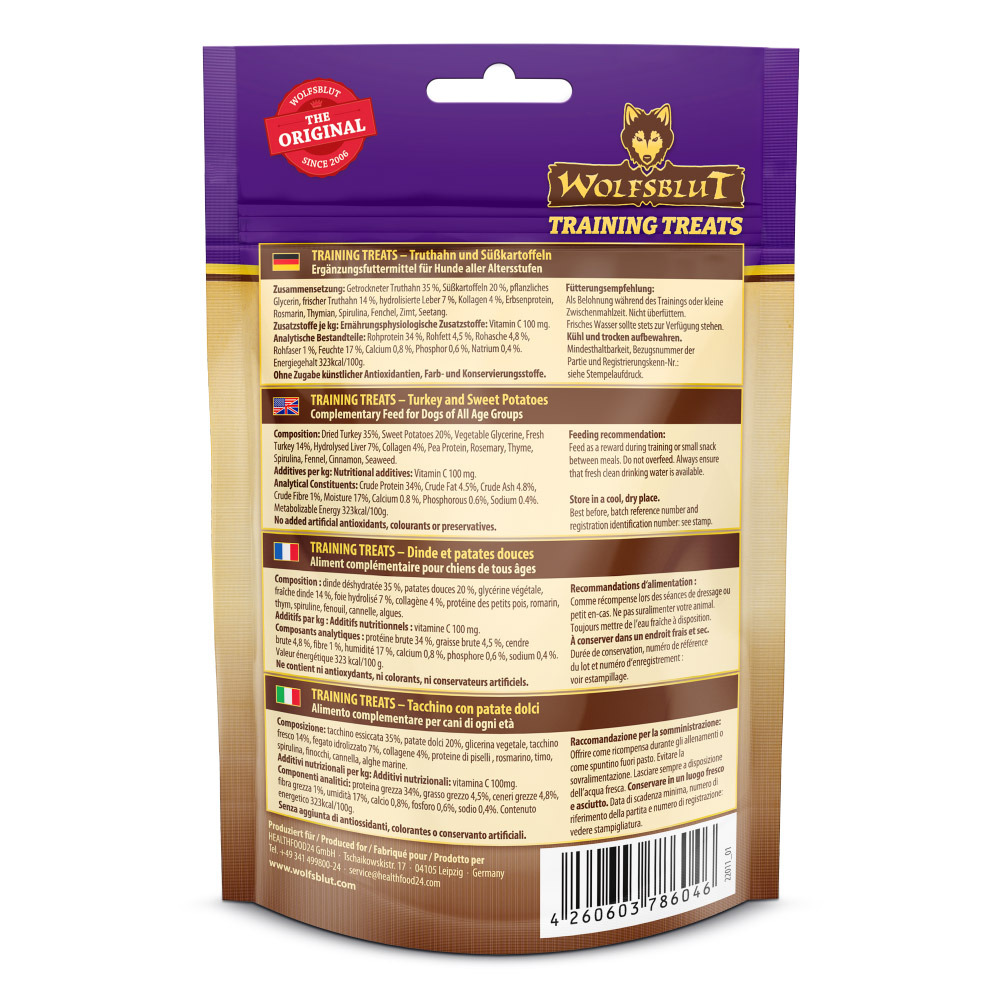 Wolfsblut Training Treats, Truthahn & Süßkartoffeln, für Hunde aller Altersstufen, 150 g, Ergänzungsfuttermittel.