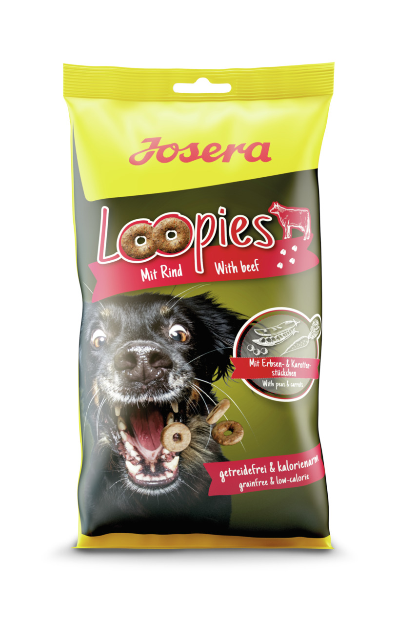 Josera Loopies Hundefutter, Rind mit Erbsen & Karotten, getreidefrei, kalorienarm, 125g, für Hunde.