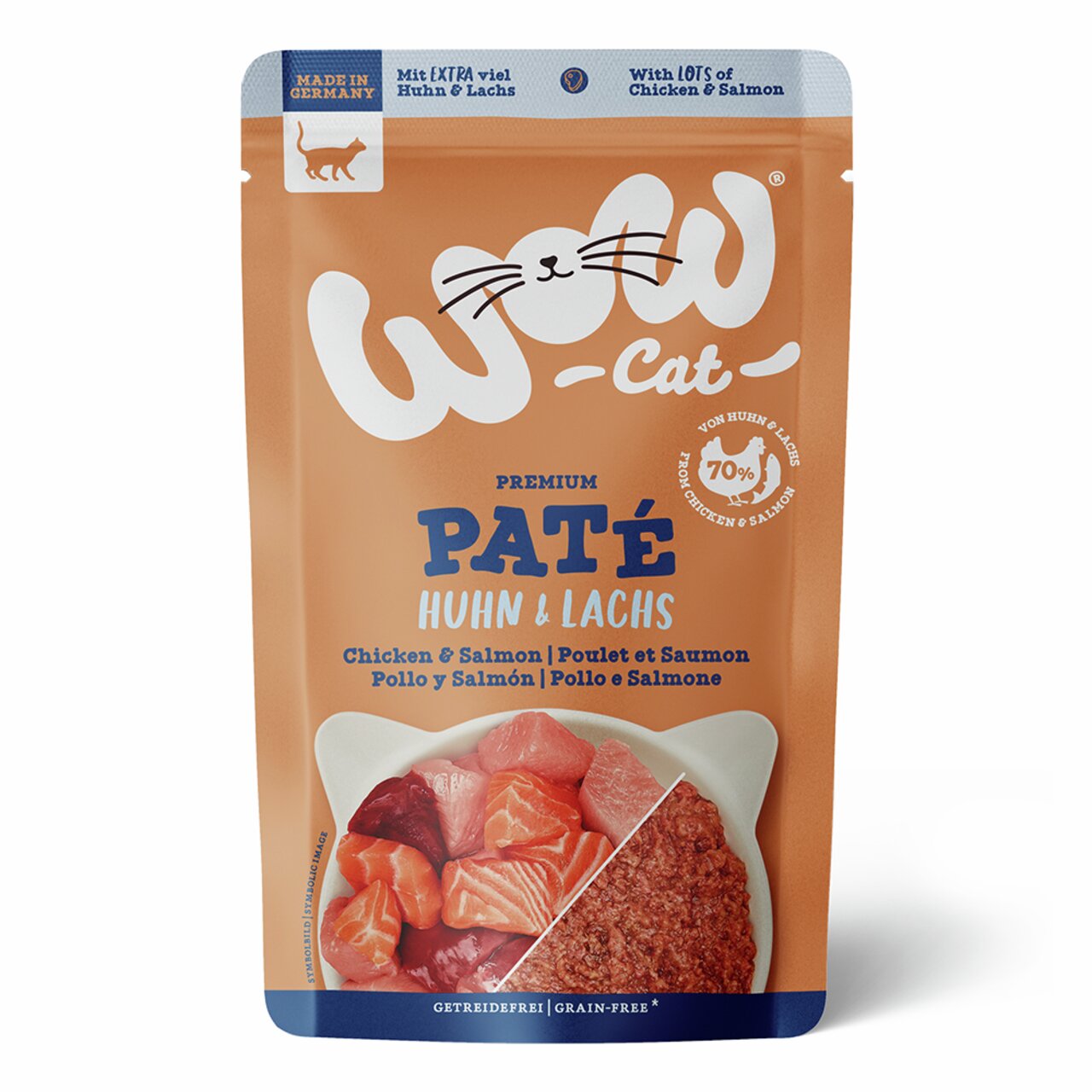 WOW Cat Premium Paté Huhn & Lachs für Katzen, 70 % Huhn & Lachs, getreidefrei, hergestellt in Deutschland, saftige Stücke, 125 g.