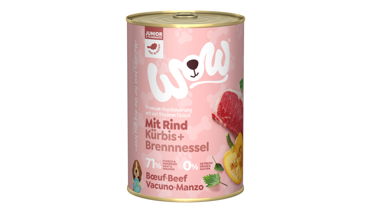 Sparpaket 24 x 400 g Wow Junior Rind mit Kürbis + Brennnessel Hunde Nassfutter