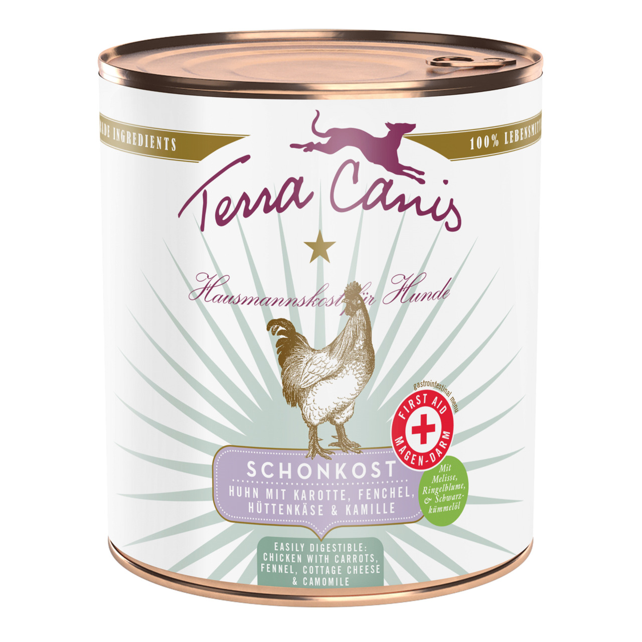 Terra Canis Schonkost Huhn, Karotte, Fenchel, Hüttenkäse, Kamille für Hunde mit sensiblen Magen, 400 g, 100 % lebensmitteltauglich.