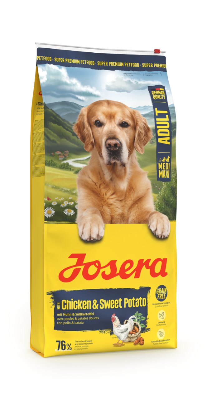 Josera Adult Hundefutter, Huhn & Süßkartoffel, getreidefrei, für ausgewachsene Hunde, 15 kg, 76 % tierisches Protein.