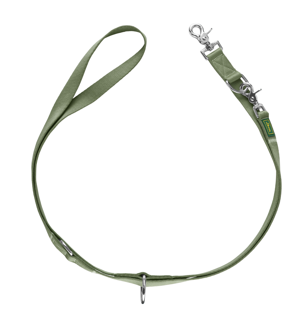 Grüne Hundeleine der Marke HUNTER, Modell "Tripoli", geeignet für Hunde aller Größen. Die Leine besteht aus robustem Nylonmaterial und verfügt über zwei Karabinerhaken aus Metall sowie mehrere Verstellmöglichkeiten. Ideal für Spaziergänge und Training. Lä