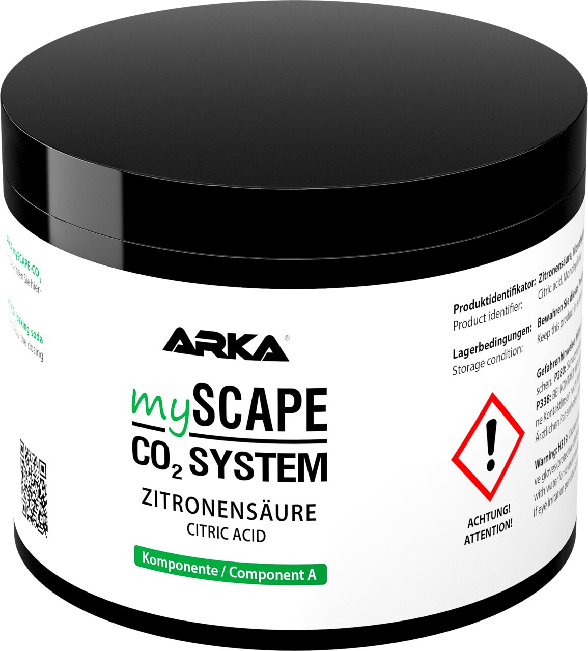 ARKA myScape CO2 System Zitronensäure – Komponente A, für Aquarien, Teil eines CO2-Systems, mit Warn- & Lagerhinweisen.