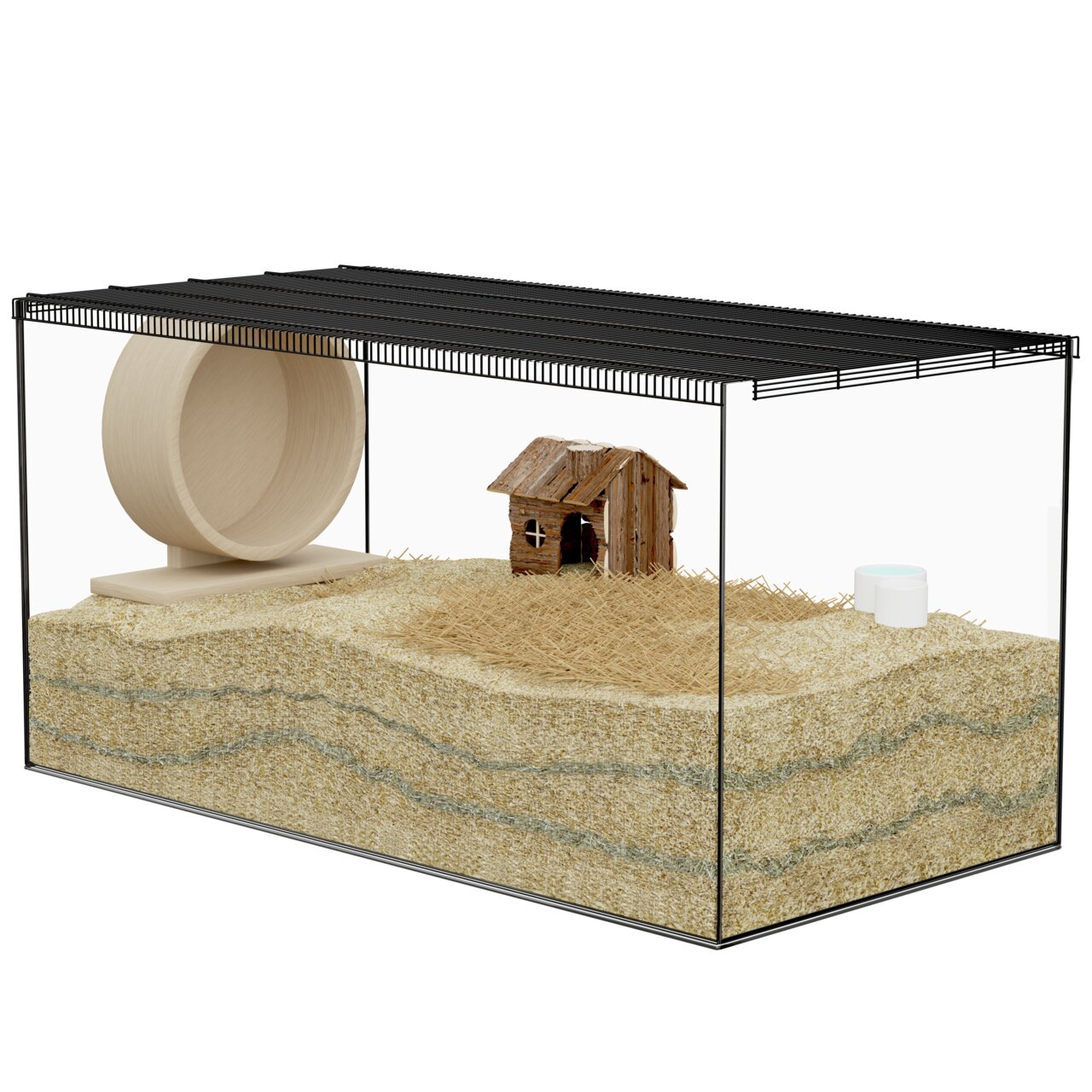 Das Bild zeigt ein hochwertiges Nagergehege der Marke Allpets, geeignet für Kleintiere wie Hamster oder Mäuse. Es enthält eine dicke Schicht aus Einstreu, ein großes Holzlaufrad, ein rustikales Holzhaus und einen kleinen weißen Napf. Das Gehege bietet ein