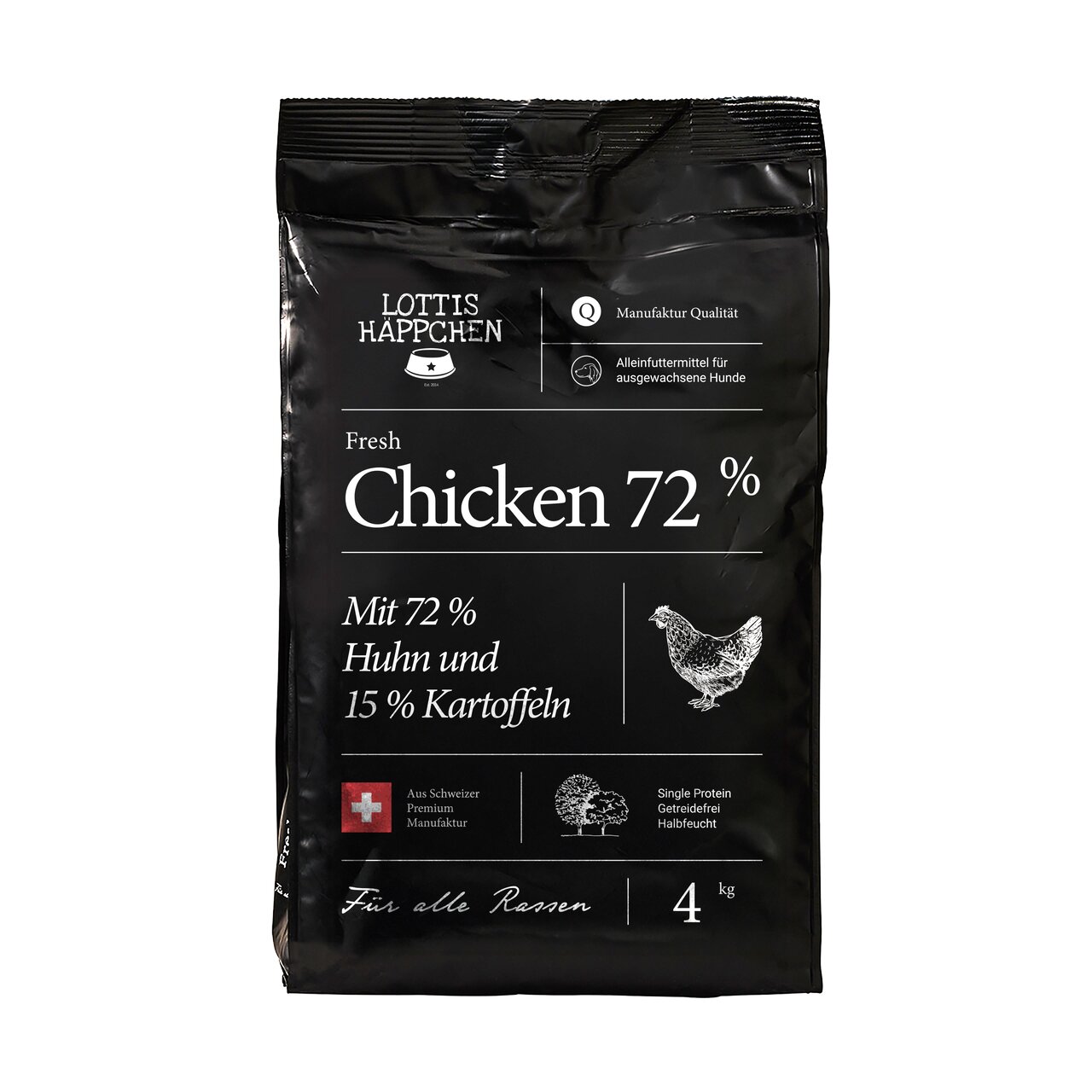 LOTTIS HÄPPCHEN Fresh Chicken 72% für ausgewachsene Hunde, mit Huhn und Kartoffeln, Single Protein, getreidefrei, 4 kg