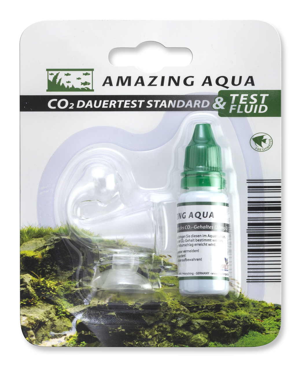 Das Bild zeigt das Produkt "Amazing Aqua CO2 Dauertest Standard & Test Fluid" für Aquarien. Es handelt sich um ein Set zur Überprüfung des CO2-Gehalts im Wasser, bestehend aus einer Testflüssigkeit und einem Glastest. Zielgruppe sind Aquarienbesitzer, die