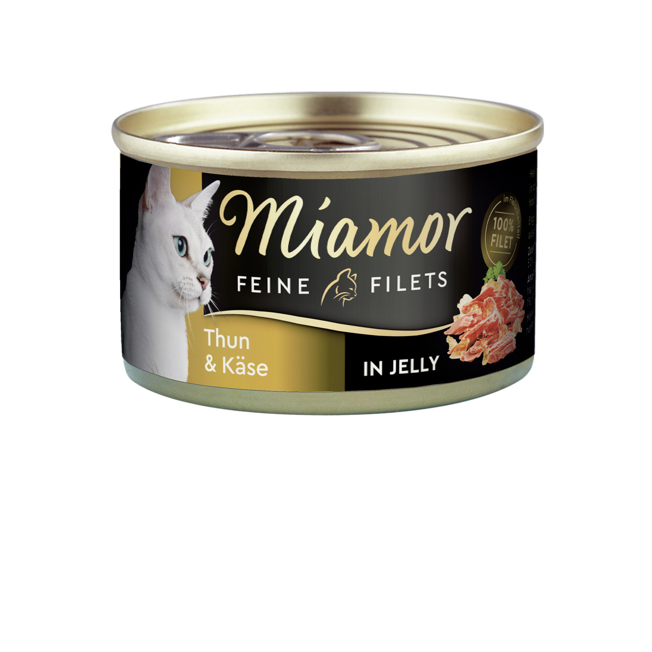 Miamor Feine Filets Katzenfutter, Thunfisch & Käse in Jelly, 100 % Filet, für Katzen, 100 g, gold-schwarze Verpackung.