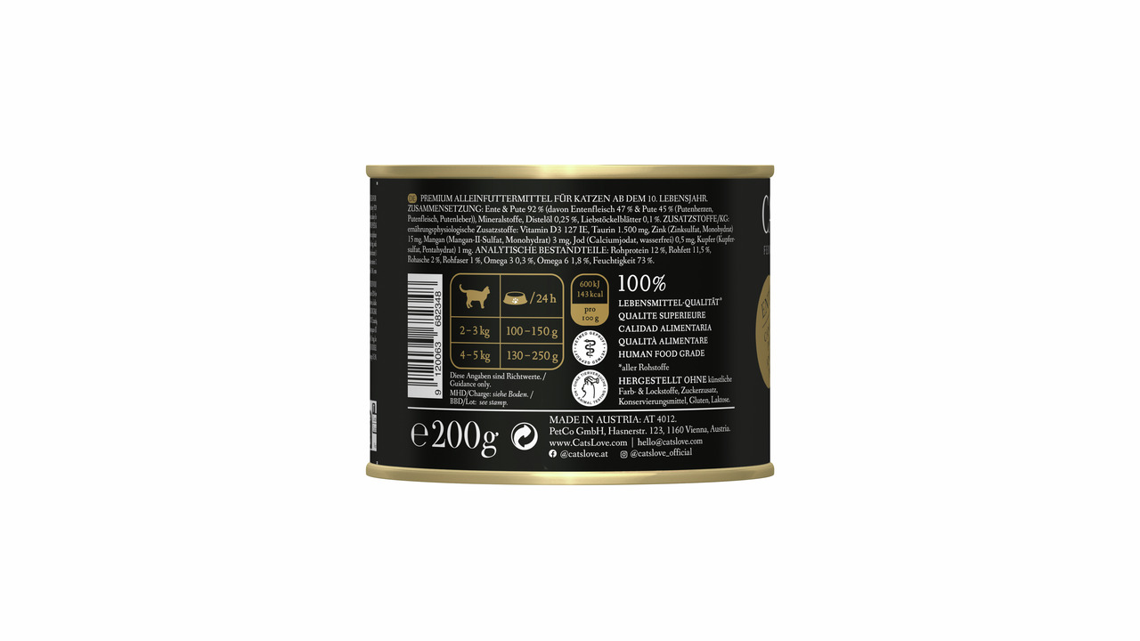 Das Bild zeigt eine 200g-Dose des Premium-Katzenfutters „Cat's Love“ für ausgewachsene Katzen ab dem 1. Lebensjahr. Die Geschmacksrichtung ist Ente & Pute. Es handelt sich um ein Alleinfuttermittel in Lebensmittelqualität, hergestellt ohne Zuckerzusatz, G