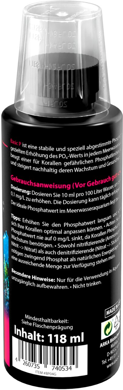 ARKA Basic P Phosphat-Lösung für Meerwasseraquarien, steigert Korallenwachstum, für Korallen, Inhalt 118 ml.