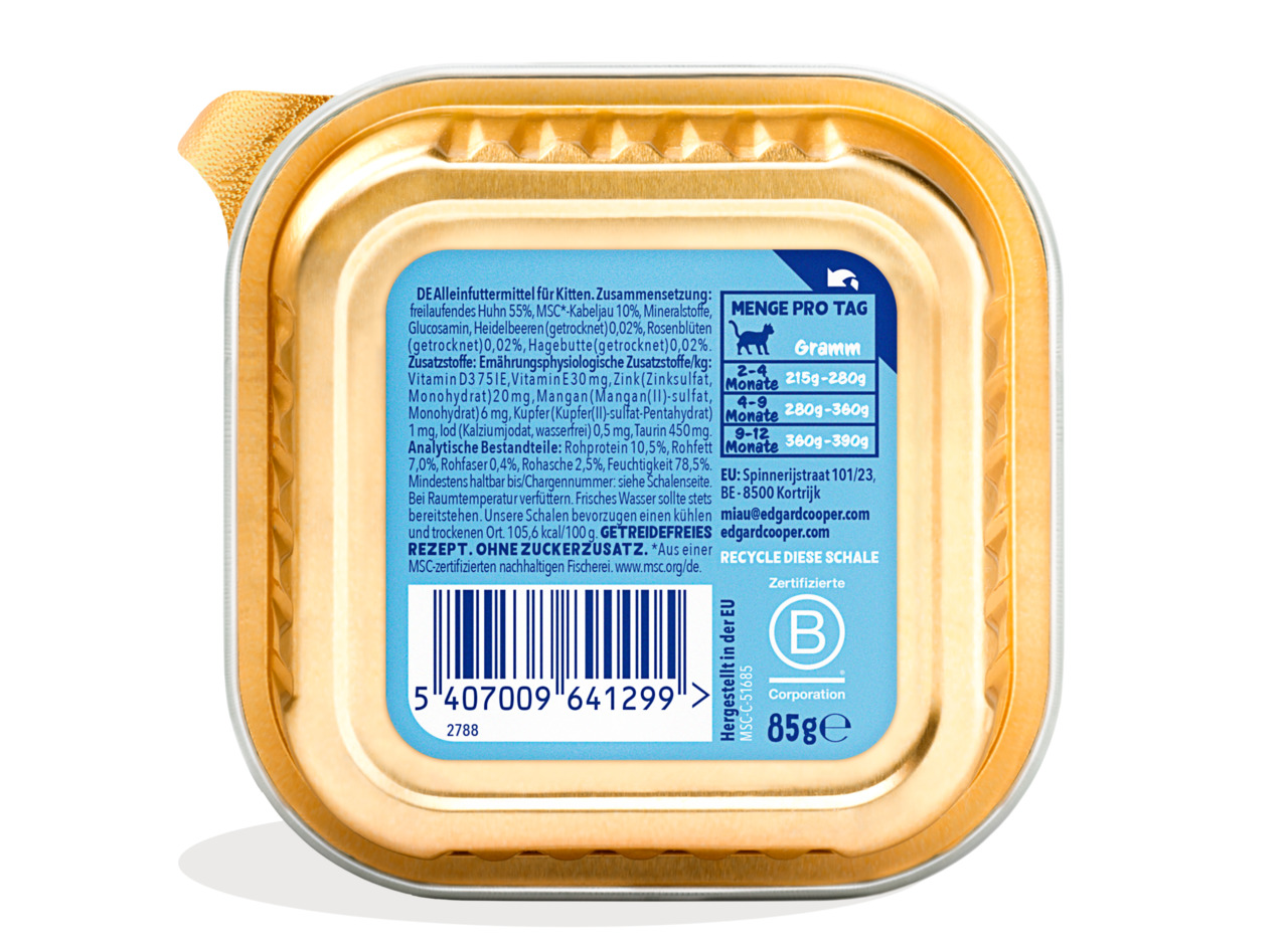 Edgard & Cooper Katzenfutter für Kätzchen, Huhn (55%) & MSC-Kabeljau (10%), ohne Zuckerzusatz, 85g, recycelbare Schale.