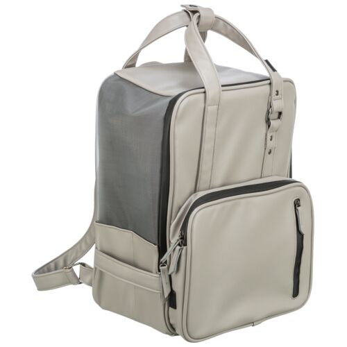 Bildbeschreibung: TRIXIE Rucksack für Haustiere, ideal für den Transport von kleinen Hunden oder Katzen. Hergestellt aus robustem, hellgrauem Material mit Netzfenstern für Belüftung. Verstellbare Schultergurte und Fronttasche für Zubehör. Perfekt für unte