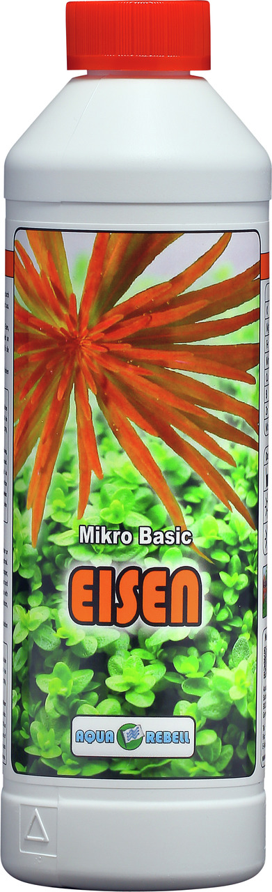 Aqua Rebell Mikro Basic Eisen, für Aquarienpflanzen, fördert Wachstum durch Eisen, 500 ml, mit grünen Pflanzen & roten Blättern.