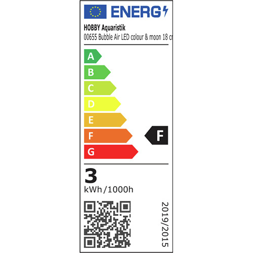 Energieeffizienzlabel für das Produkt "HOBBY Aquaristik 00655 Bubble Air LED colour & moon 18 cm". Das Label zeigt die Energieeffizienzklasse F, einen Verbrauch von 3 kWh/1000h und enthält einen QR-Code für weitere Informationen. Gültig nach EU-Verordnung