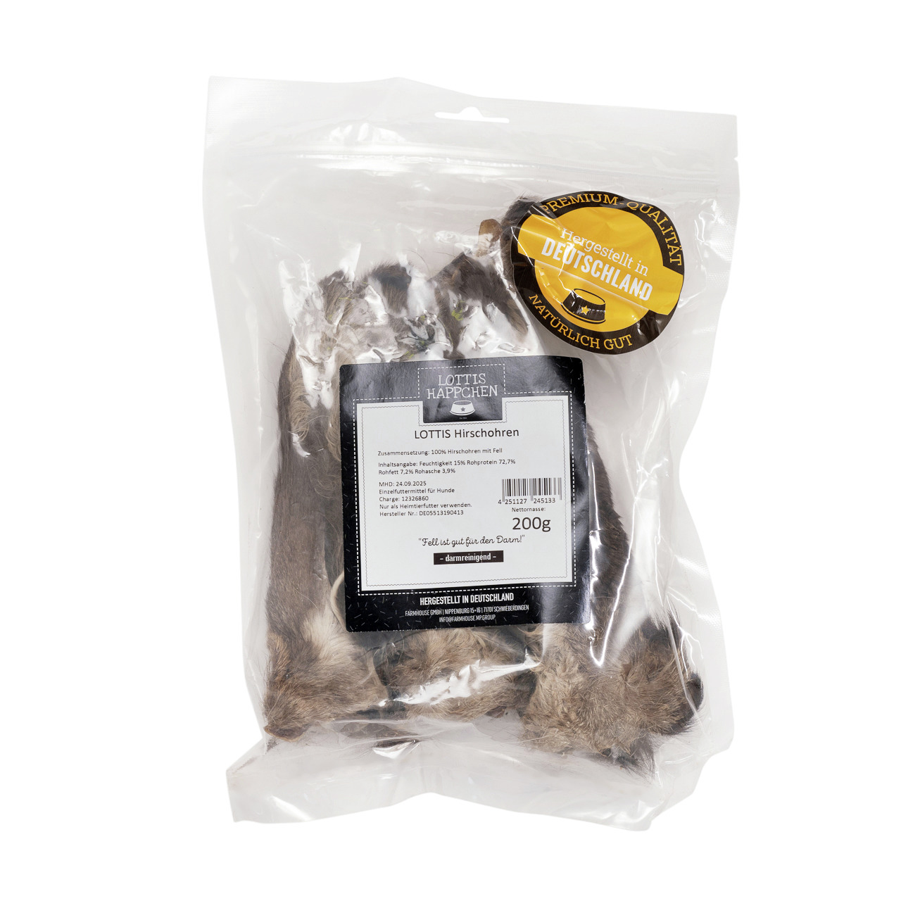 Lottis Häppchen Hirschohren, Kausnack für Hunde, 200 g, fettarm, leicht verdaulich, Premium-Qualität, hergestellt in Deutschland.