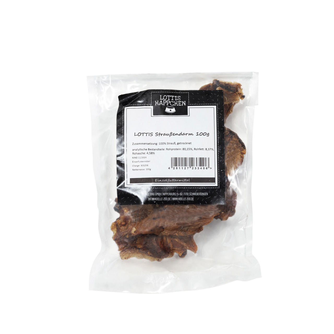 Das Bild zeigt eine transparente Verpackung mit der Aufschrift „LOTTIS HÄPPCHEN“. Es handelt sich um das Produkt „LOTTIS Straußendarm 100g“, ein Einzelfuttermittel für Hunde. Die Zielgruppe sind Hundehalter, die auf natürliche Snacks setzen. Der Inhalt be