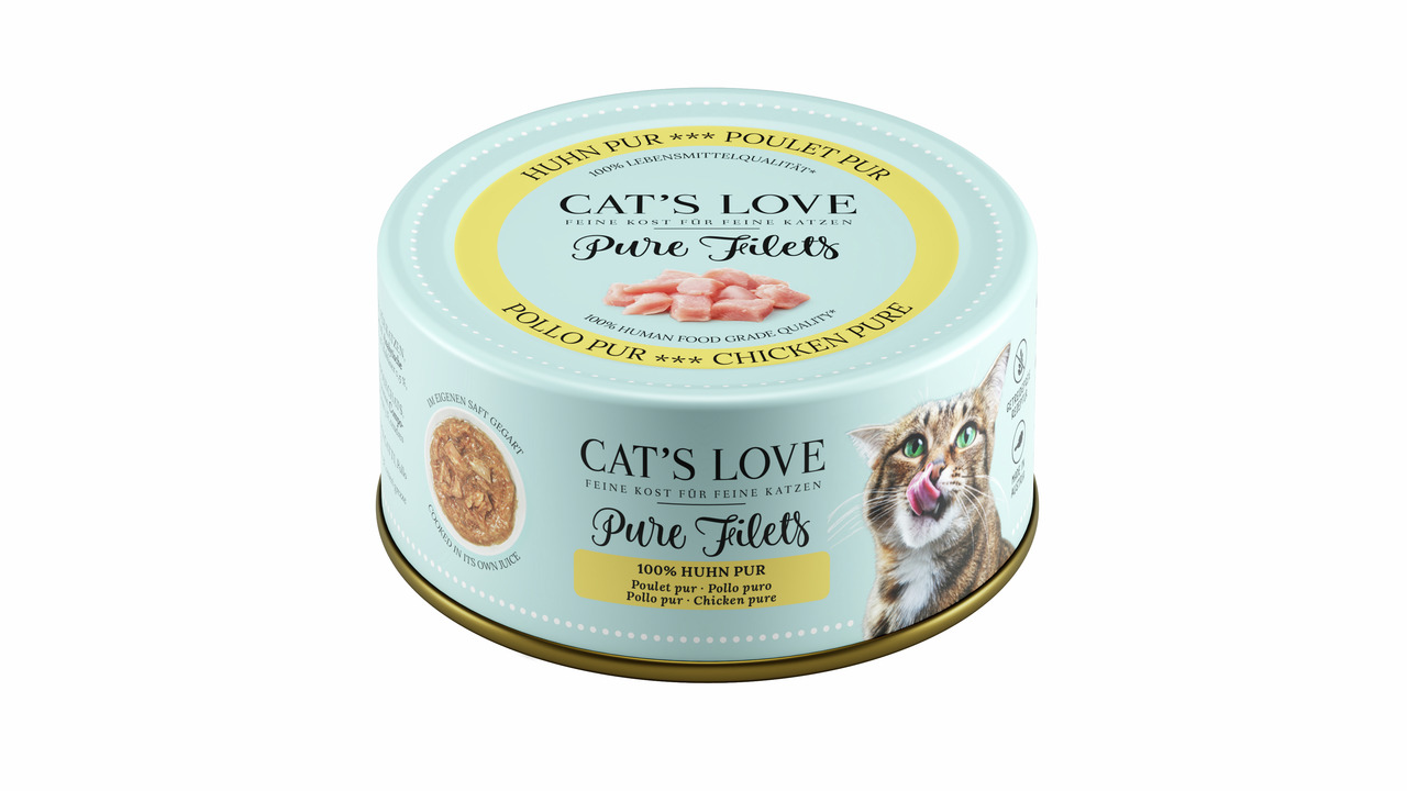 Runde Dose des Katzenfutters „Cat's Love Pure Filets“ in der Geschmacksrichtung Huhn Pur. Geeignet für Katzen, mit 100 % Hühnerfilet in Lebensmittelqualität. Die Verpackung zeigt ein Bild einer Katze und das Produkt in Nahaufnahme. Nettogewicht: 85 g.