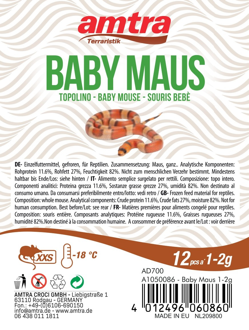amtra Baby Maus, Einzelfuttermittel für Reptilien, 12 Stk. à 1–2 g, gefroren, nicht für menschl. Verzehr geeignet.