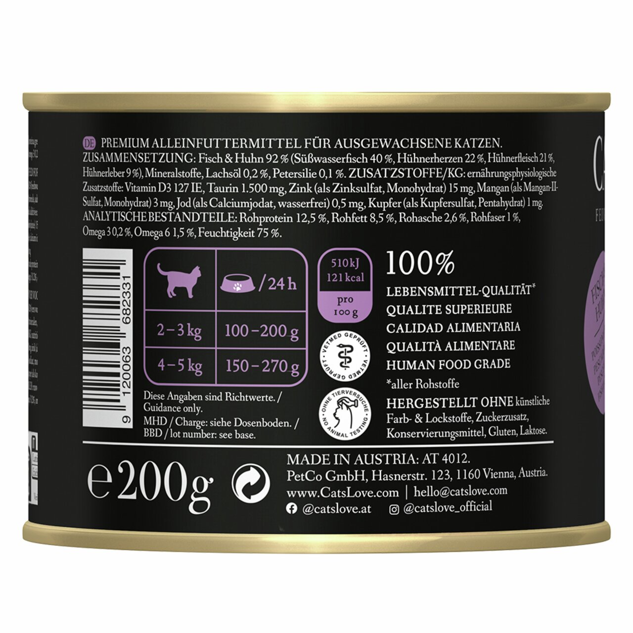 Premium-Alleinfuttermittel Cat's Love für erwachsene Katzen, Fisch & Huhn, 200 g. 100 % Lebensmittelqualität, ohne Zusatzstoffe.