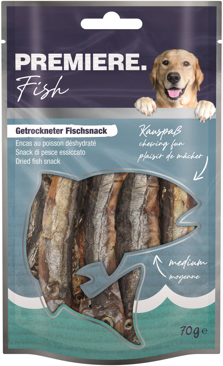 PREMIERE Fish, getr. Fischsnack f. Hunde, 70 g, mittelhart, natürl. Kausnack, Geschm.: Fisch, Kauspaß f. Hundehalter.