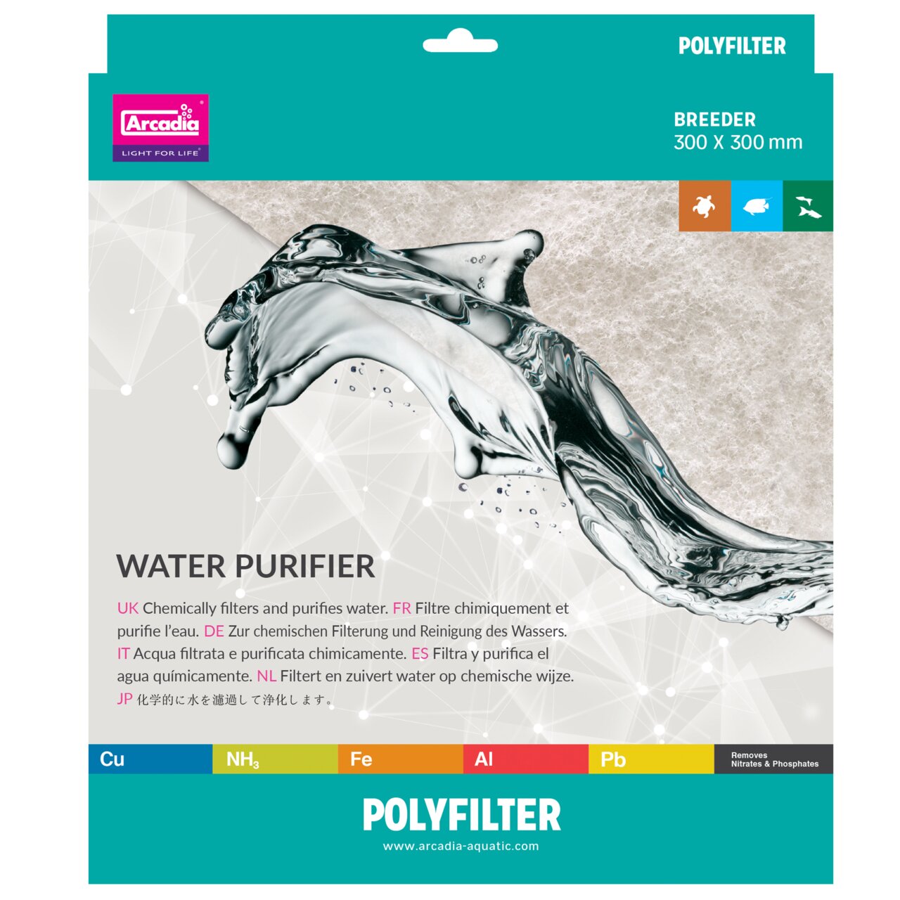Arcadia Polyfilter: chem. Wasserreiniger f. Aquarien/Teiche, entfernt Schadstoffe (z. B. Kupfer), 300x300 mm, f. Aquarien-/Teichbesitzer.