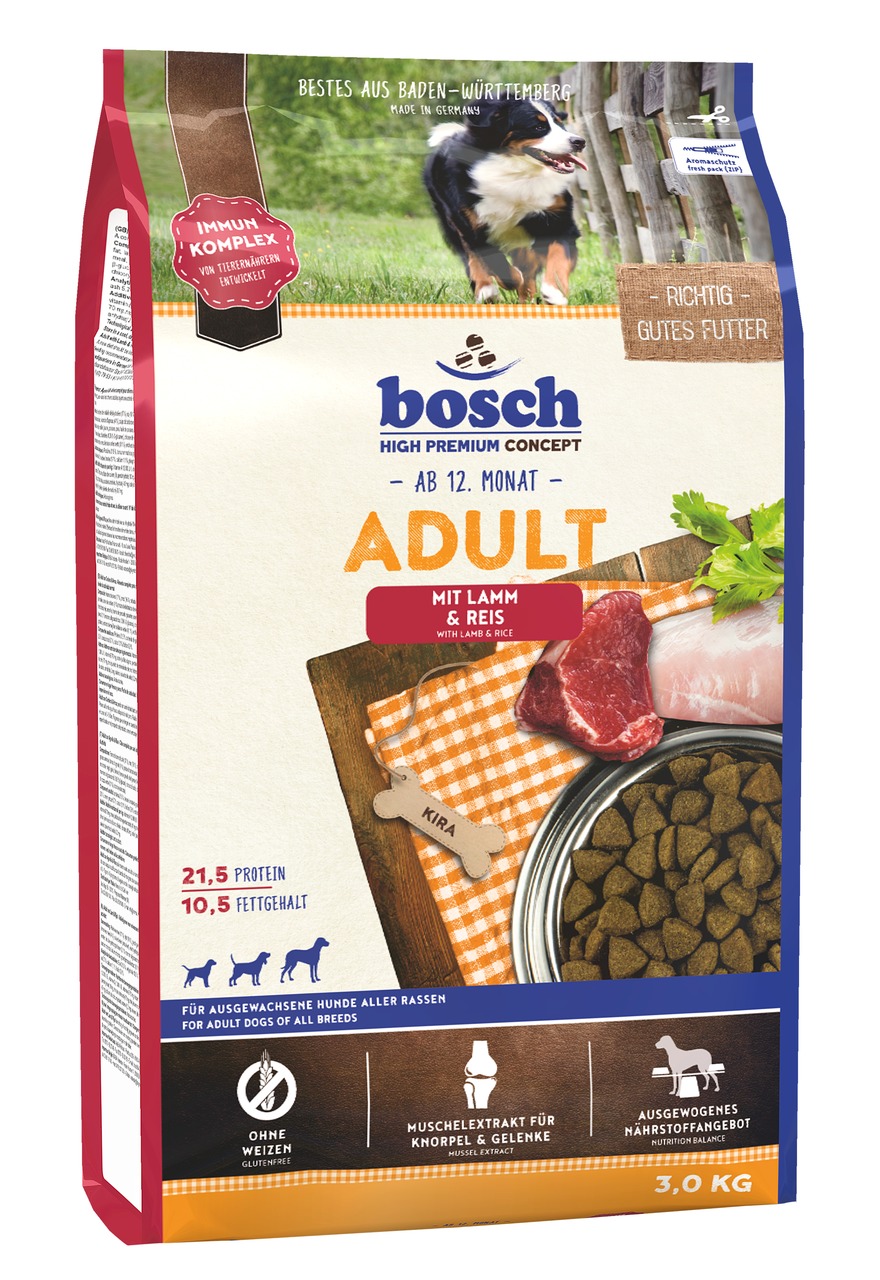 Bosch High Premium Concept Hundefutter, 3 kg, für Hunde ab 12 Mon., Lamm & Reis, glutenfrei, mit Muschelextrakt, „Richtig gutes Futter“.