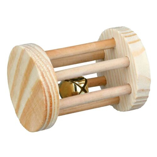 Holzspielzeug für Kleintiere der Marke TRIXIE. Das Produkt ist ein natürlicher Spiel- und Beschäftigungsartikel für Kleintiere wie Kaninchen oder Meerschweinchen. Es besteht aus unbehandeltem Holz und enthält eine Glocke im Inneren, die beim Rollen Geräus