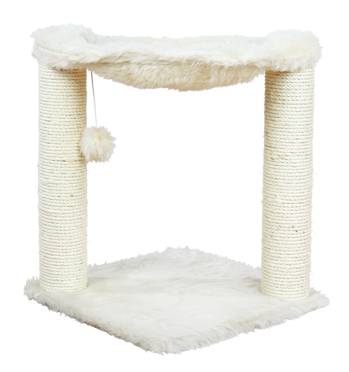 Das Bild zeigt den TRIXIE Kratzbaum Baza, ein Produkt für Katzen. Der Kratzbaum besteht aus zwei mit Sisal umwickelten Säulen, einer weichen Liegefläche aus Plüsch und einer hängenden Spielkugel. Er ist ideal für Katzen zum Kratzen, Spielen und Ausruhen. 