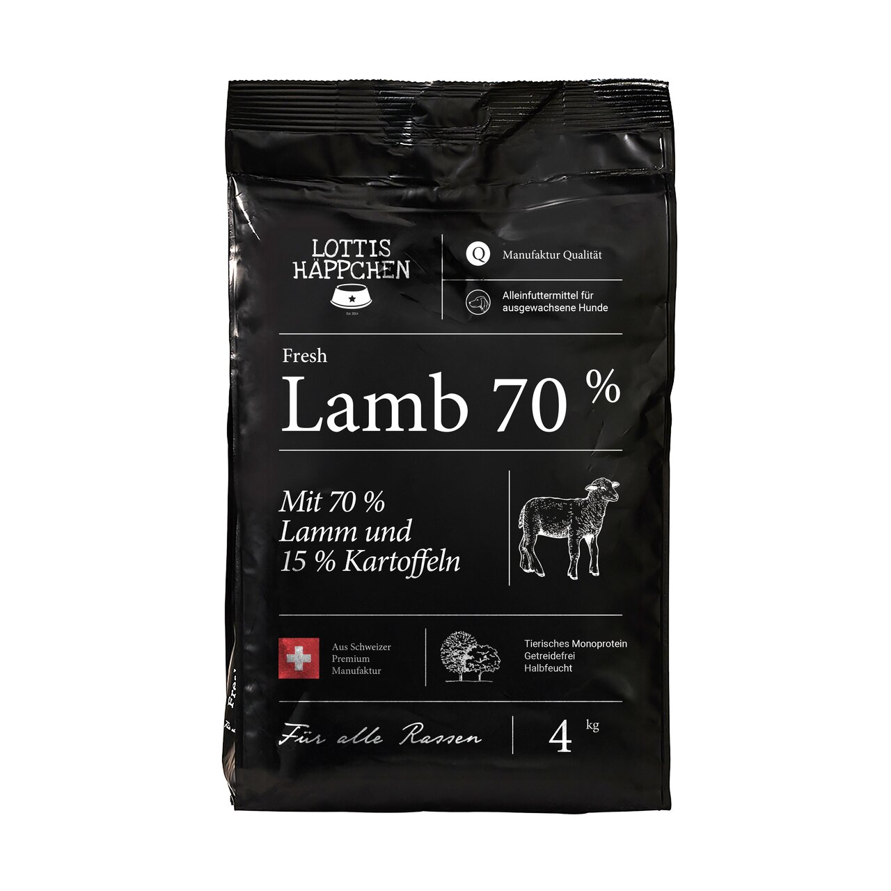 LOTTIS HÄPPCHEN Fresh Lamb 70% Hundefutter für ausgewachsene Hunde, Lamm, 15% Kartoffeln, Monoprotein, 4 kg