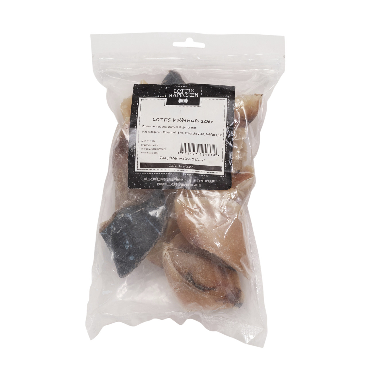 Das Bild zeigt eine transparente Kunststoffverpackung mit der Aufschrift „LOTTIS HÄPPCHEN“. Enthalten sind 10 getrocknete Kalbshufe, ein natürlicher Kausnack für Hunde. Die Marke „LOTTIS HÄPPCHEN“ richtet sich an Hundebesitzer, die Wert auf hochwertige, n