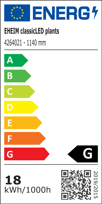 Das Bild zeigt das Energieeffizienzlabel für die EHEIM classicLED plants mit der Artikelnummer 4264021 und einer Länge von 1140 mm. Die Energieeffizienzklasse ist G, mit einem Verbrauch von 18 kWh/1000 Stunden. Das Label enthält eine Farbskala von grün (A
