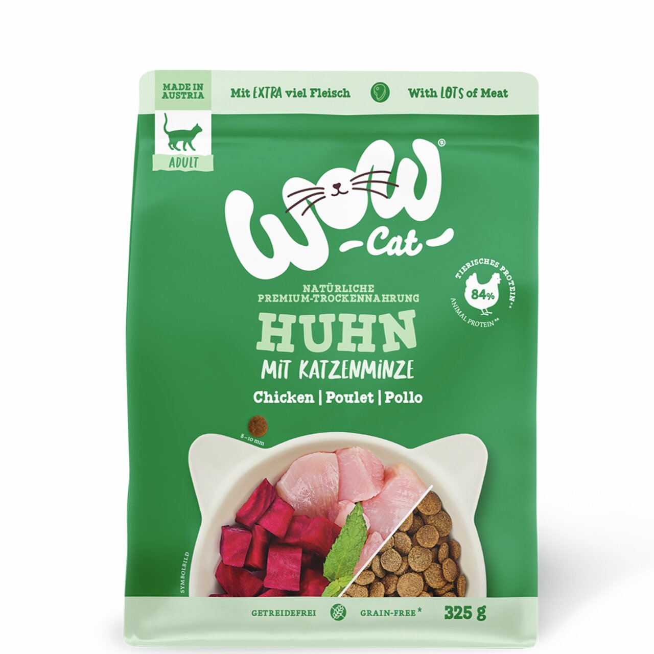 WOW Cat Trockenfutter Huhn mit Katzenminze für erwachsene Katzen, 325 g, getreidefrei, mit 84 % tierischem Protein.