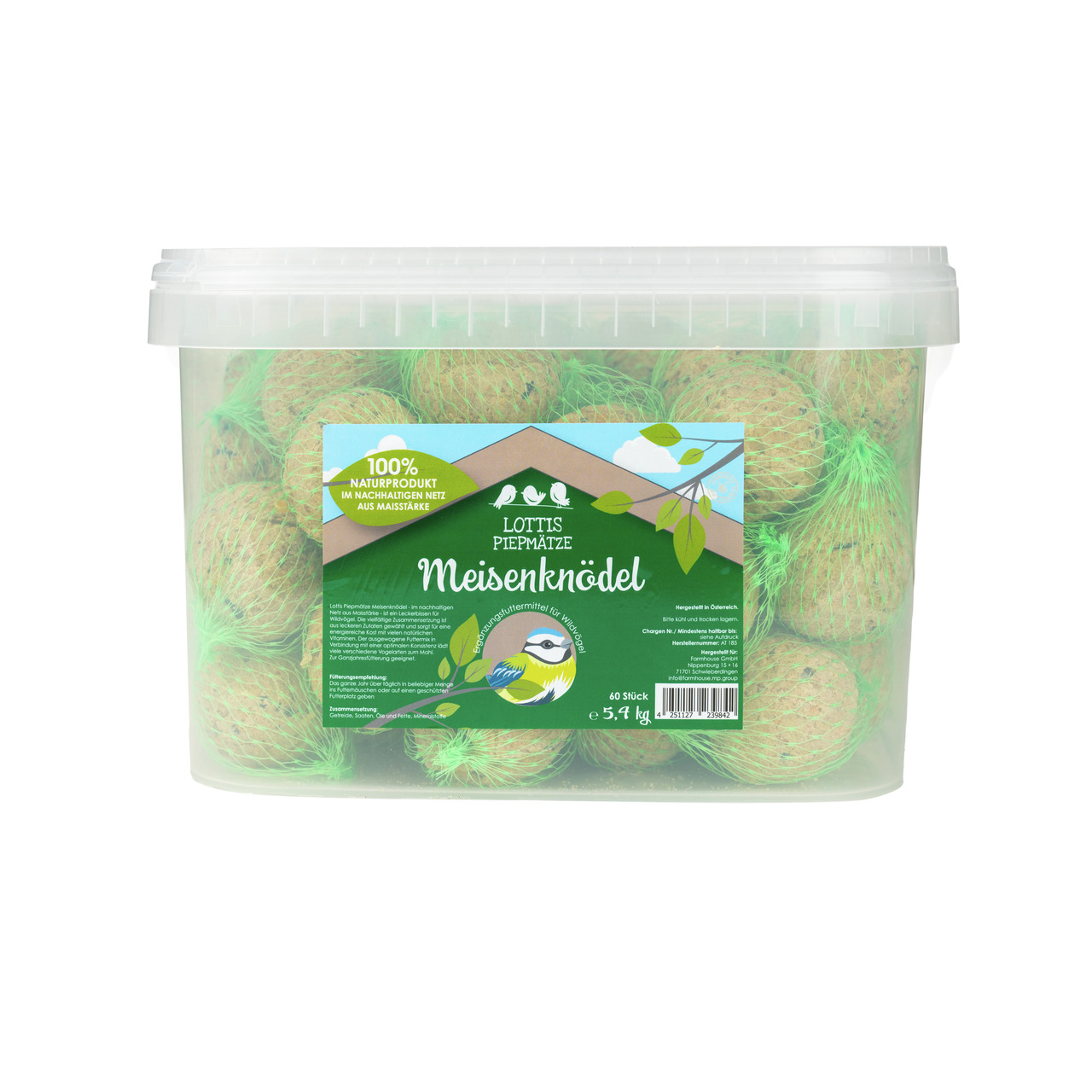 Das Bild zeigt das Produkt „Lottis Piepmätze“ der Marke Lottis Häppchen, ein hochwertiges Vogelfutter für Wildvögel. Die Zielgruppe sind Garten- und Naturfreunde, die Wildvögel unterstützen möchten. Die Verpackung enthält 1 kg Futter, das speziell auf die