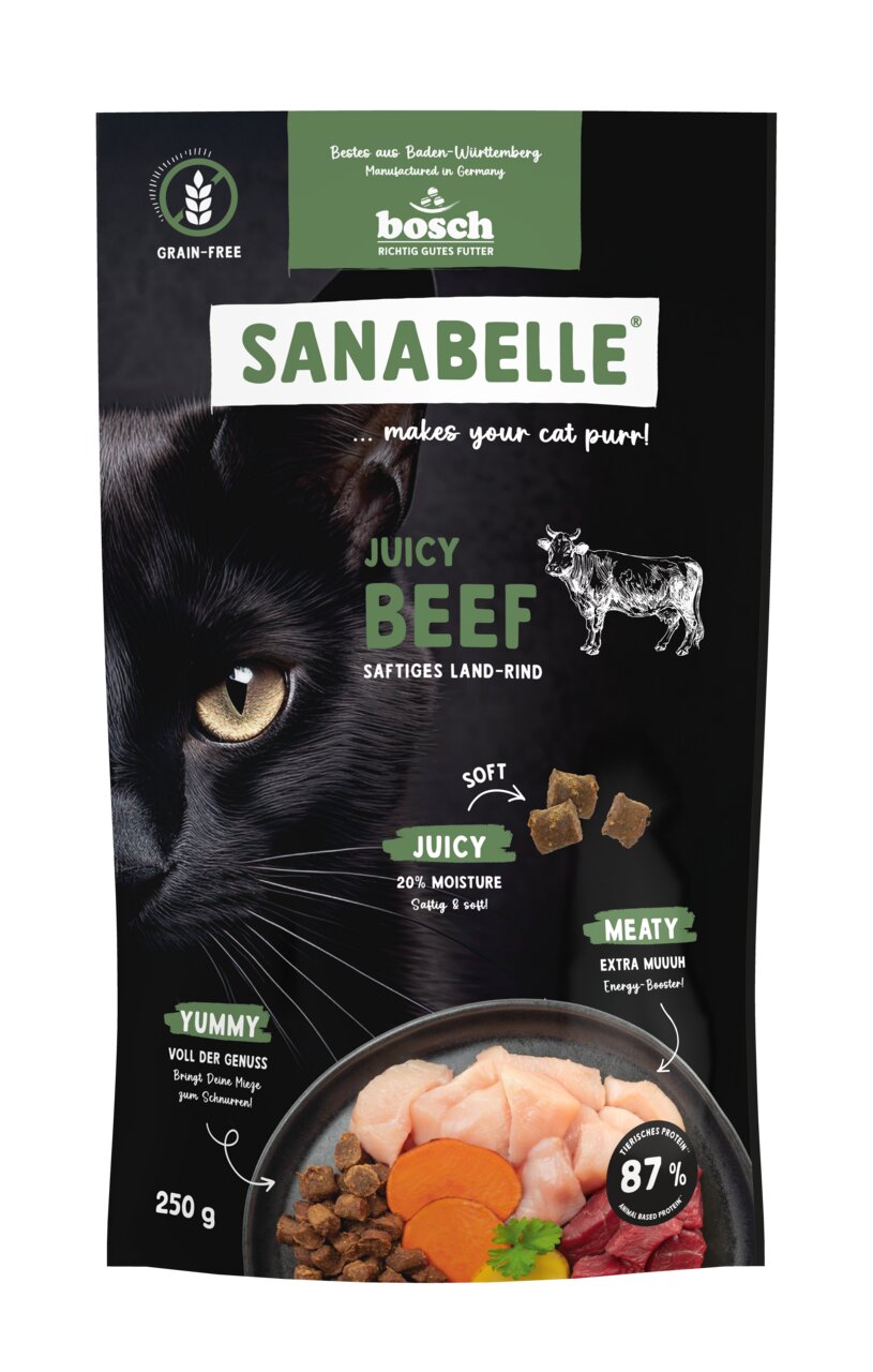 Sanabelle Juicy Beef von Bosch, Katzenfutter, saftiges Land-Rind, getreidefrei, 87 % tierisches Protein, 20 % Feuchtigkeit, 250 g.