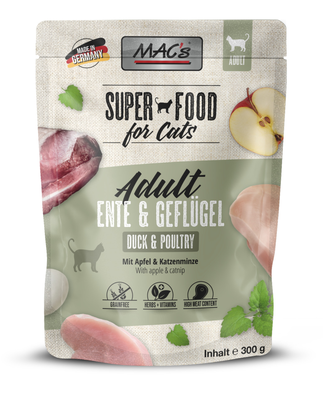 MAC's Superfood for Cats Adult Ente & Geflügel, 300 g, für ausgew. Katzen, getreidefrei, mit Apfel, Katzenminze, Kräutern & Vitaminen.