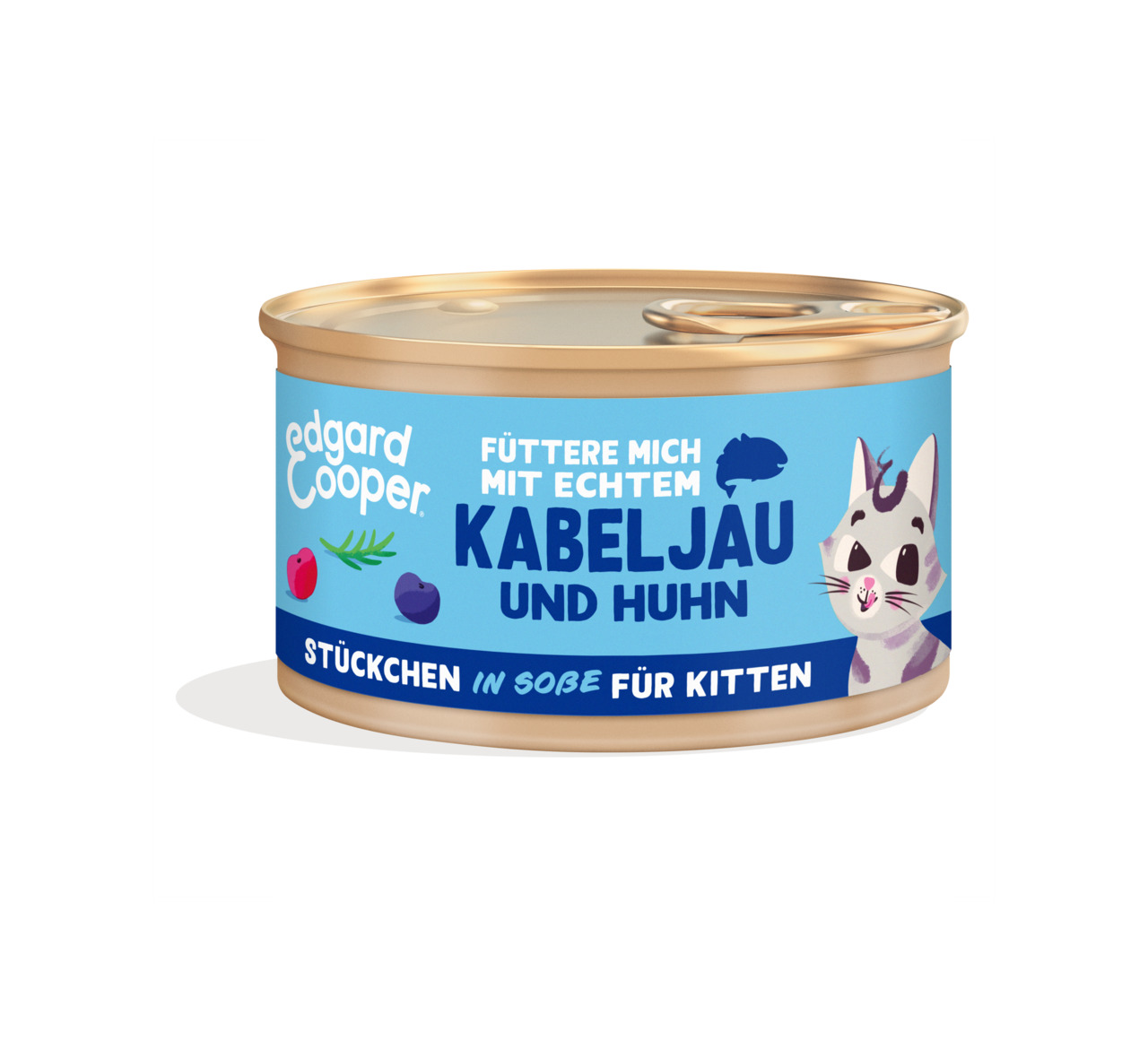Edgard & Cooper Katzenfutter für Kitten, Kabeljau & Huhn, Stückchen in Soße, „Füttere mich mit echtem Kabeljau und Huhn“.