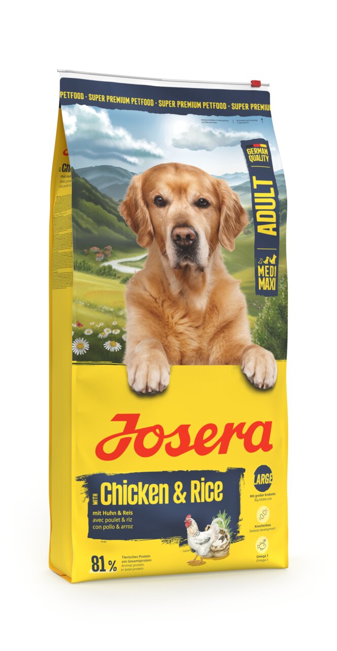 Josera Chicken & Rice Hundefutter für erwachsene Hunde, Geschmacksrichtung Huhn & Reis, 15 kg, unterstützt Verdauung und Fell.