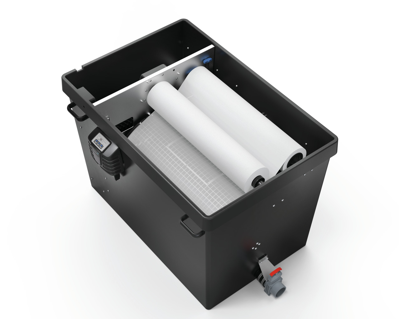 Das Bild zeigt den Oase ProfiClear Premium Compact-M Trommelfilter, ein hochwertiges Filtersystem für Teiche und Aquarien. Der Filter ist in einem robusten schwarzen Gehäuse untergebracht und verfügt über weiße Filterrollen sowie eine integrierte Steuerun