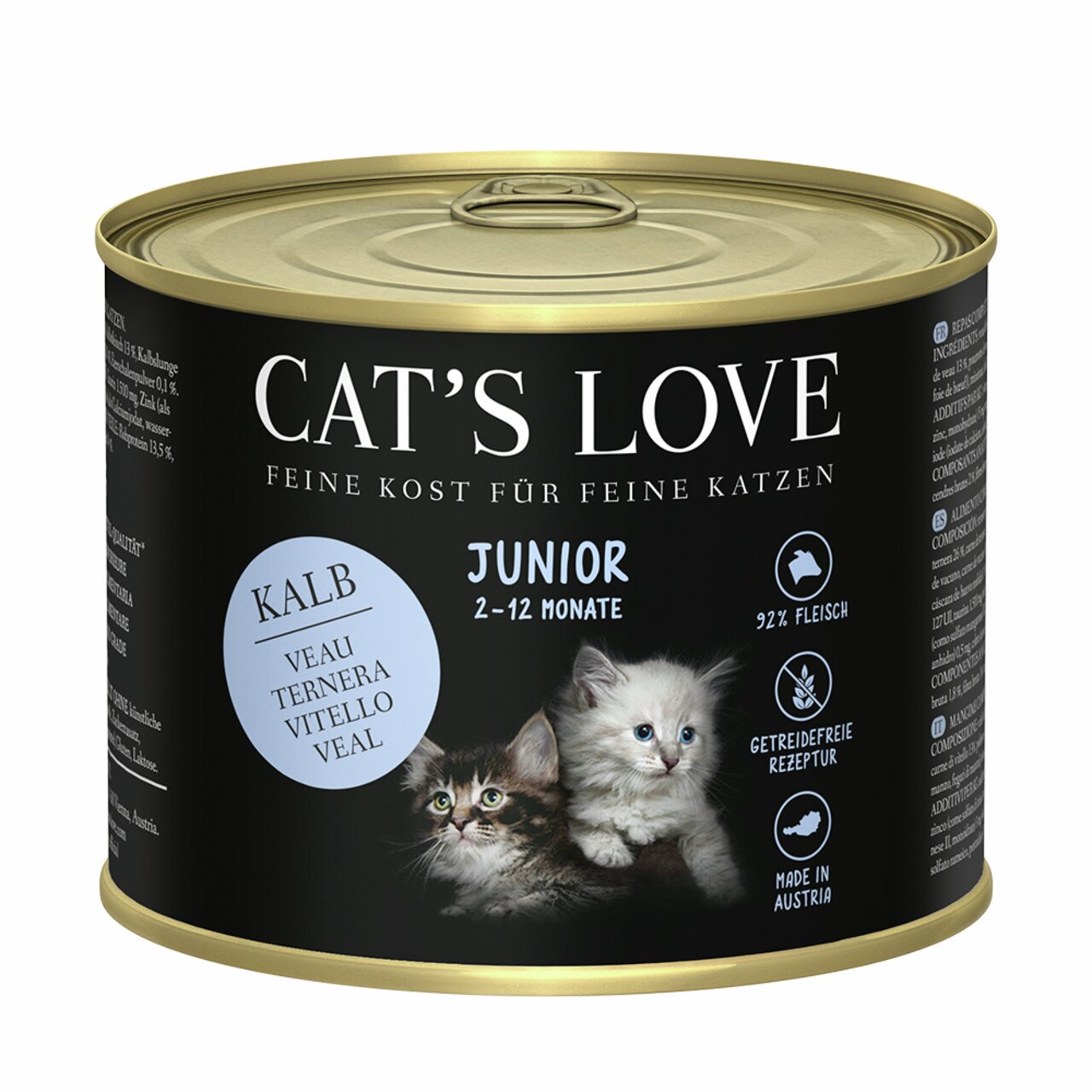 Cat's Love Junior Nassfutter für Katzen von 2-12 Monaten, Geschmacksrichtung Kalb, getreidefrei, 200 g Dose, 92 % Fleischanteil.