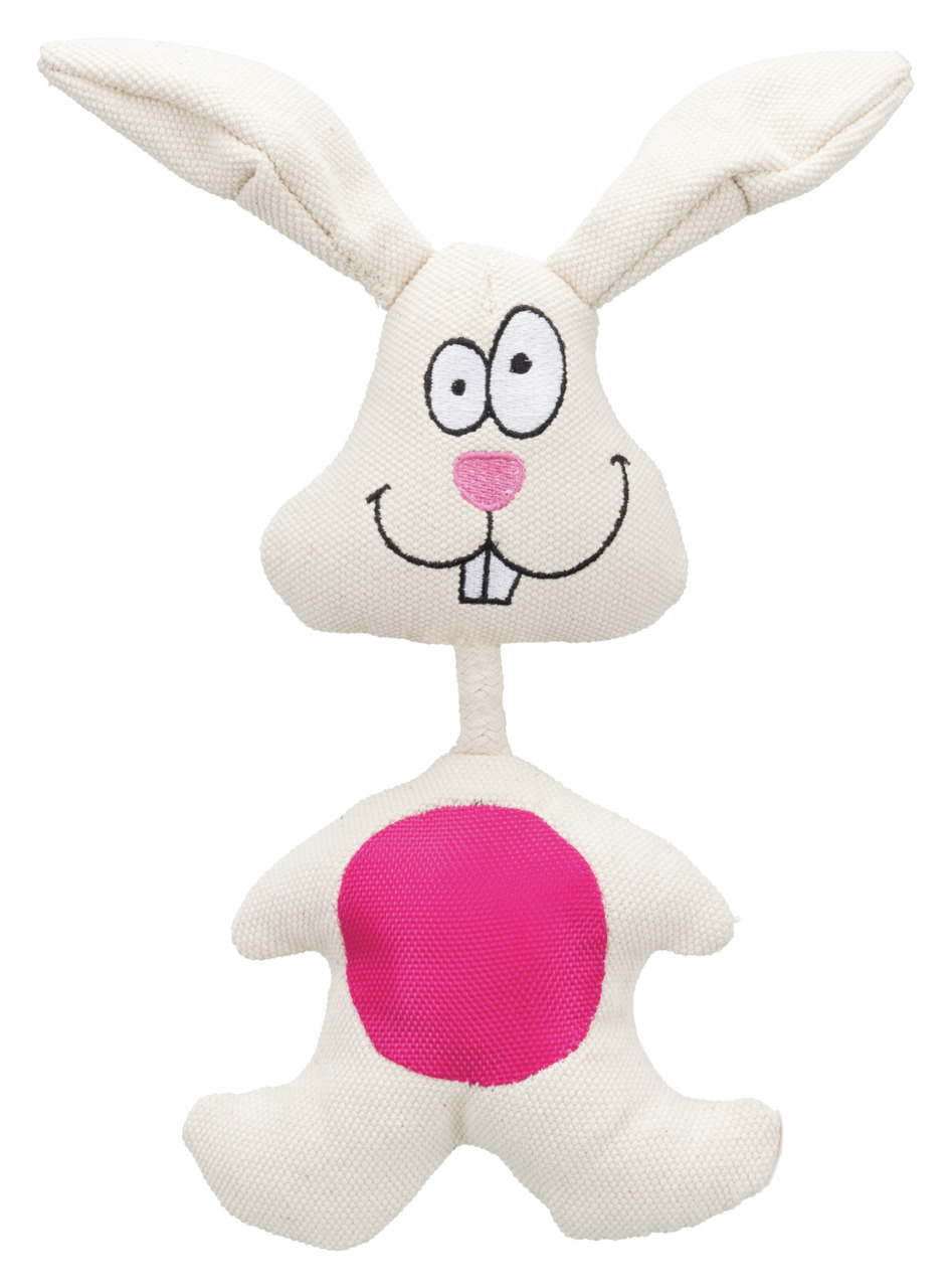 Das Bild zeigt ein Hundespielzeug der Marke TRIXIE in Form eines weißen Hasen mit langen Ohren und einem pinken Bauch. Es ist speziell für Hunde als Zielgruppe konzipiert und eignet sich ideal zum Spielen und Kauen. Das Material wirkt robust und langlebig