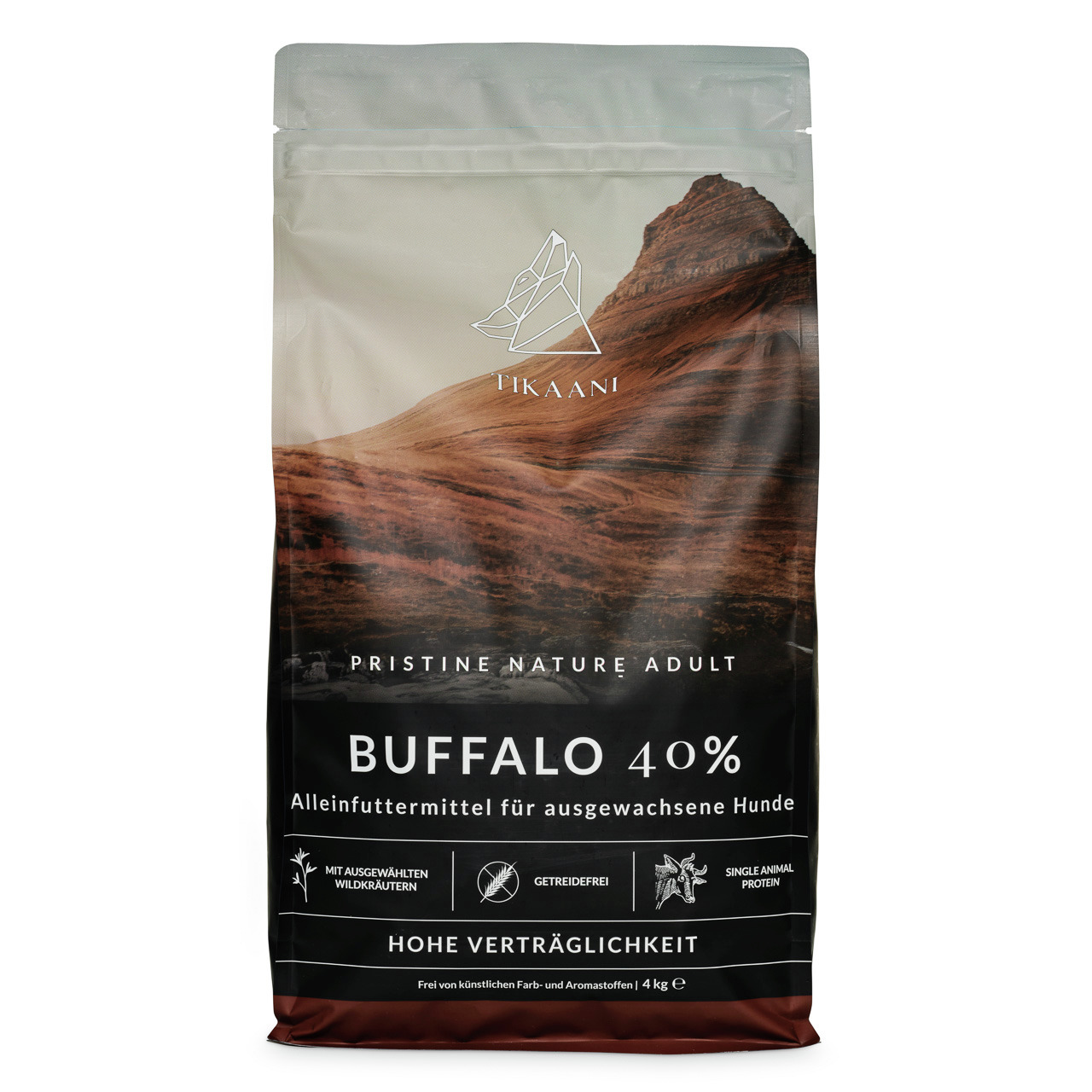 TIKAANI Pristine Nature Adult Buffalo 40 %, 4 kg, getreidefreies Alleinfutter f. Hunde, 40 % Büffel, Wildkräuter, hohe Verträglichkeit.