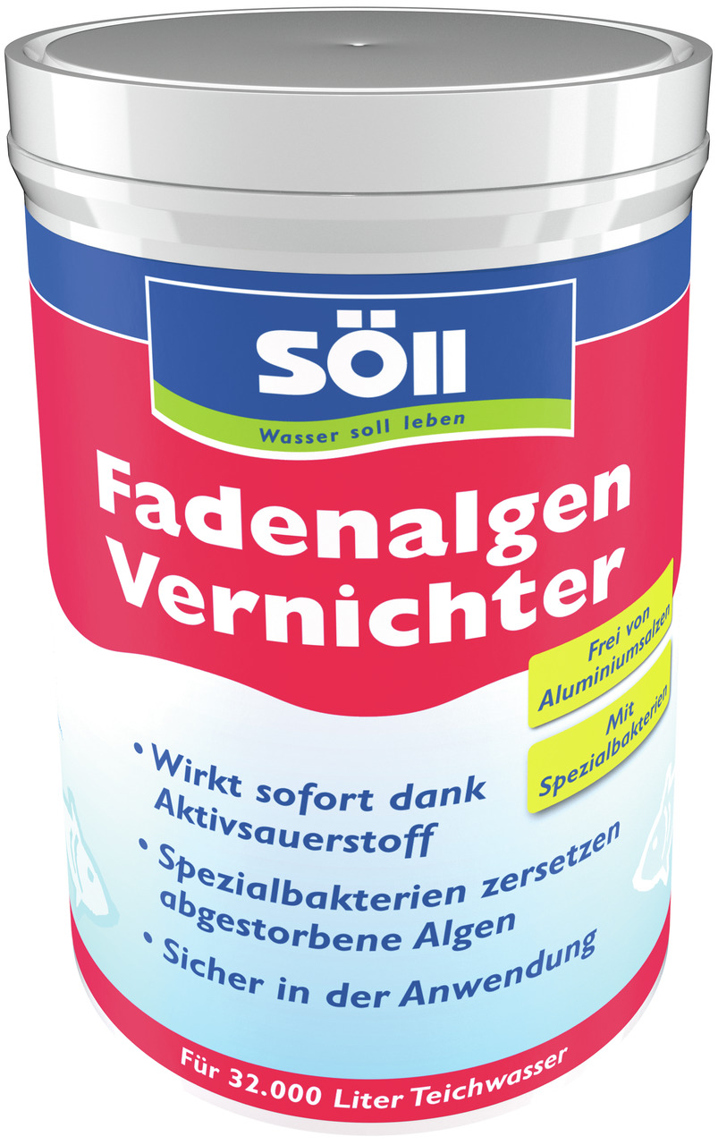 Söll Fadenalgen Vernichter, gegen Fadenalgen in Teichen, wirkt sofort mit Aktivsauerstoff, für bis zu 32.000 L Teichwasser.